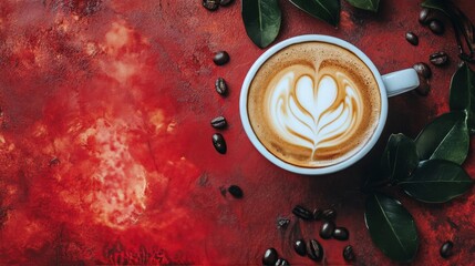 Sticker - Creamy latte art in a white cup surrounded by coffee beans and leaves on a textured red background