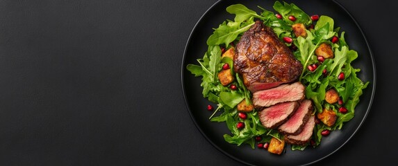 Canvas Print - Deliciously prepared steak salad with vibrant greens and fresh ingredients at a restaurant setting