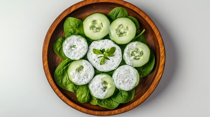 Wall Mural - Fresh cucumber and spinach salad served in a wooden bowl with vibrant colors