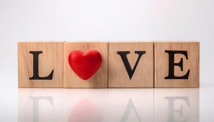 Wall Mural - A wooden cube displaying the word LOVE and a red heart set against a white backdrop serves as a fitting love symbol with room for additional imagery