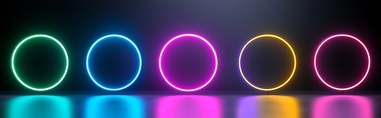 Wall Mural - The halo neon light ring has a modern flare glow effect. The flare shine portal has a purple and green glow. The frame is round with a radial orb design. The lens on the edge of the graphic shows a