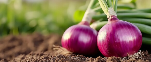 Canvas Print - Freshly harvested red onions in soil with green leaves in garden