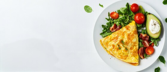 Wall Mural - Delicious vegetable omelet served with fresh salad and avocado on a white plate