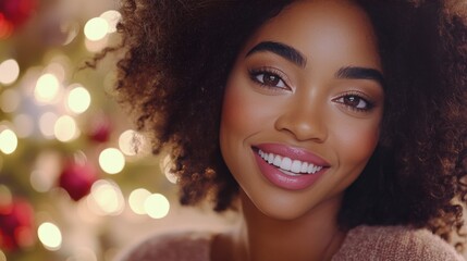 Wall Mural - Smiling woman with curly hair in front of a festive holiday tree lights