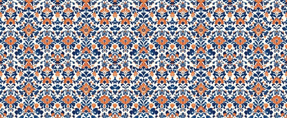 Wall Mural - seamless pattern of damask floral pattern orange blue textile design elegant vintage style