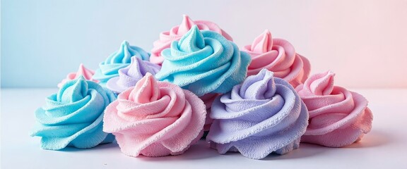 A row of colorful frosted cupcakes with pink, blue, and purple frosting. The cupcakes are arranged in a row, with the pink one in the middle and the blue and purple ones on either side