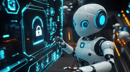 white humanoid robot with blue eyes interacts with digital interface displaying lock symbol, showcasing advanced technology and security features. scene conveys sense of innovation and futuristic
