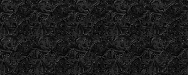 Wall Mural - seamless pattern of black floral 3d textured background dark elegant swirls design luxury wallpaper