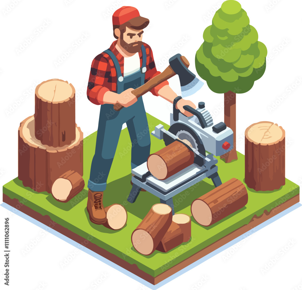 Isometric lumberjack male character holding an axe and wood log ...