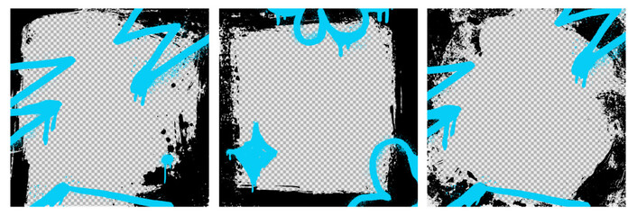 Wall Mural - Blue grunge spray urban background with set of brush strokes, rough vector paint, and retro design. Old black shape, ink pattern, and texture.