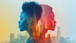 © Nano Photos - Two profiles of a woman facing opposite directions blend with a cityscape, symbolizing duality and urban life. Vibrant colors create a dynamic contrast.