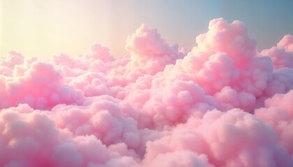 Poster - Pink fluffy clouds fill sky like cotton candy. Dreamy, aesthetic. Soft pastel hues create tranquil, imaginative atmosphere. Suitable for various uses like social media posts, phone wallpapers, design
