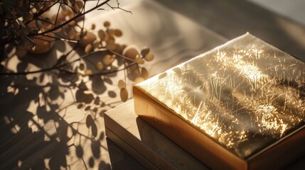 A single, golden gift box sits atop a stack of white gift boxes in the warm sunlight. The shadows of a branch and leaves cast a warm glow across the surface.