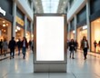 © miss irine - Blank billboard in shopping mall. People walk in background. Empty advertising display. Modern business design template for commercial ads info signs. Commercial interior display space. Illuminated