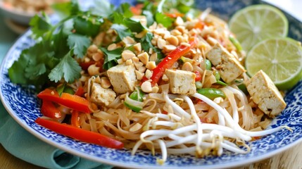 Wall Mural - Photo of, A vibrant plate of vegetable pad thai with stir-fried rice noodles, tofu