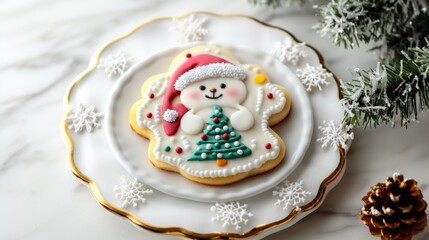 Wall Mural -  sugar cookies decorated with a drawing in the form of a cute white bear holding a Christmas tree in its paws, on a white table in Christmas style, photo 