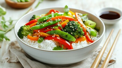 Wall Mural - Photo of, A vibrant veggie stir-fry with bell peppers, snap peas