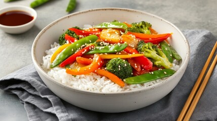 Wall Mural - Photo of, A vibrant veggie stir-fry with bell peppers, snap peas