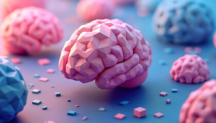 Aufkleber - Abstract geometric brain illustration. Pink, blue polygonal shapes create stylized brain form. Modern design elements suggest connection technology. Colorful, intriguing visuals might interest