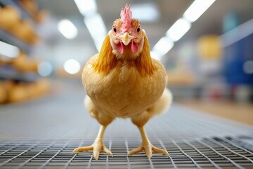 Close-up of a chicken in a bright barn, showcasing poultry farming and agriculture.