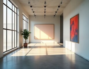 Poster - Empty art gallery space with large windows. Natural light casts shadows on concrete floor. Blank canvas, artwork on white walls. Modern, contemporary design. Interior artistic presentation.