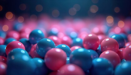 Aufkleber - Abstract design with many colorful balls. Pink, blue spheres create soft glow. Dark background with bright lights in background. Modern vibrant aesthetic. Creative abstract design. Stylish, dreamy
