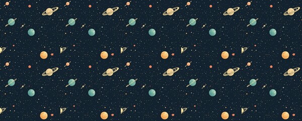 Wall Mural - Space-themed pattern of planets and stars.