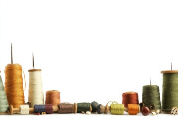 Poster - Sewing essentials including colorful threads, needles, and buttons are neatly arranged on a white background with space for additional text. Generative AI