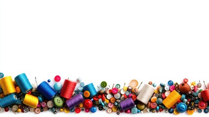 Poster - Colorful sewing essentials laid out on a clean white background, featuring threads, buttons, and needles with ample space for text. Generative AI