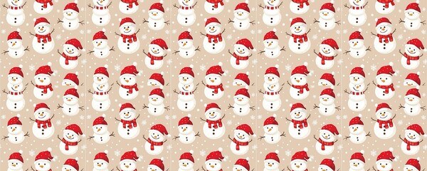 Wall Mural - seamless pattern of Christmas  white snowmen red hats beige background festive winter joy 