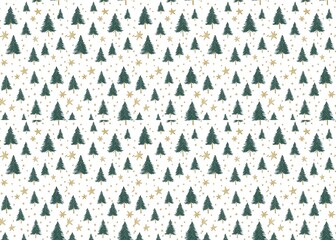 Wall Mural - seamless pattern of christmas dark green trees gold stars minimalist festive winter holiday design
