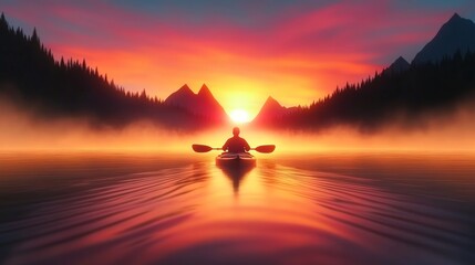 Wall Mural - Silhouette of a person kayaking on a serene lake at sunset, surrounded by majestic mountains and fog.