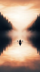 Wall Mural - Solitary kayaker paddles across a serene lake at dawn, the mist creating a mystical atmosphere.