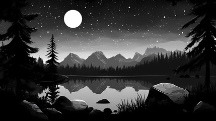 Poster - Serene nocturnal landscape featuring a full moon, starlit sky, and tranquil lake reflecting celestial bodies. Nocturnal. Illustration