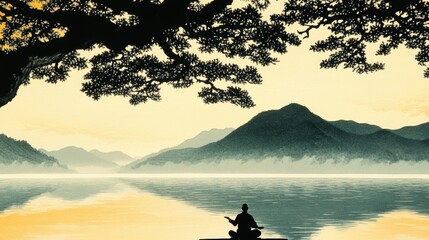 Wall Mural - Silhouette of a person meditating peacefully by a serene lake, mountains in the background under a tree.