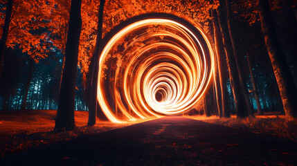 Wall Mural - Mesmerizing light trail spiral glowing in dark park at night with illuminated trees in background. concept of long exposure photography, light painting and nocturnal art. Nocturnal. Illustration