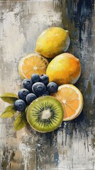 Wall Mural - Bright and vibrant assortment of citrus and berries arranged artistically on a textured background