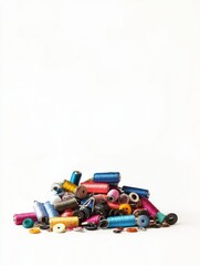 Poster - Various sewing essentials are displayed on a white background, featuring colorful threads, needles, and buttons with ample space for text. Generative AI
