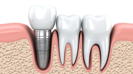 Aufkleber - A single dental implant is displayed next to a healthy tooth, highlighting the contrast between artificial and natural dental structures. Generative AI