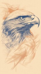 Wall Mural - Majestic eagle portrait, rendered in shades of blue and orange, against a soft beige background. A powerful symbol of freedom and strength.