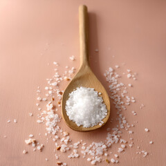 Wall Mural - Wooden spoon with salt or sugar flakes around it on Pastel cream