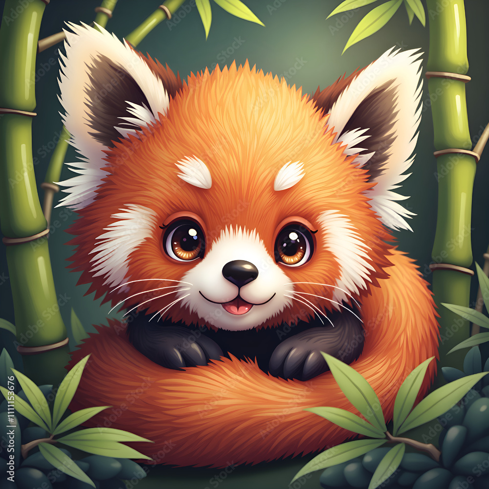 Adorable red panda nestled among lush bamboo leaves in a gentle forest ...