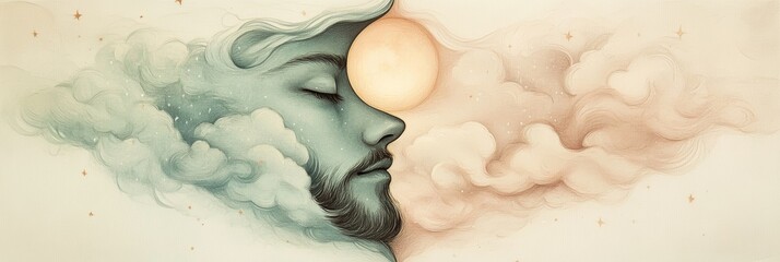 Canvas Print - Dreamlike portrait of a man's face merging with celestial clouds, a serene and ethereal artwork.