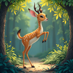 Canvas Print - A playful antelope in a lush green forest setting, digital illustration of fantasy animal concept.