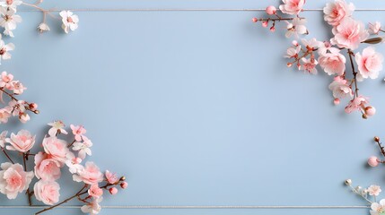 Wall Mural - Pink cherry blossoms arranged on a light blue background with a subtle border. Flat lay composition with copy space for spring and floral designs.

