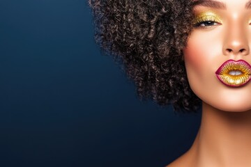 Wall Mural - Glamorous african female with curly hair and bold gold makeup on blue background