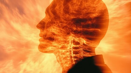 Canvas Print - Fiery abstract portrait of a person engulfed in flames against a fiery sky. Intense, powerful, and surreal.