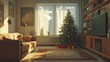 © Monchisa - Cozy Festive Living Room, inviting space adorned with a modest Christmas tree, soft pastel colors, minimalist decor, creating a cheerful and serene holiday atmosphere