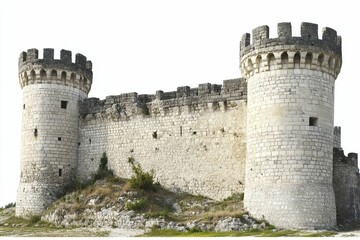 Ancient stone fortress, weathered walls, two towers.