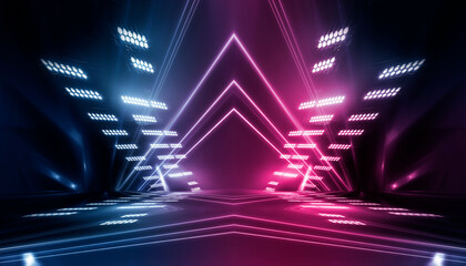 Wall Mural - neon tunnel with geometric lamps, pink and purple light, dark corridor, futuristic dark neon portal.